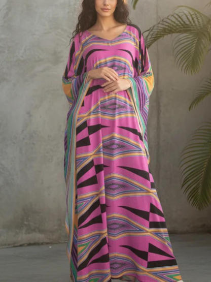 Retro Diamond Print Kimono Kaftan Beachwear Maxi Dress
