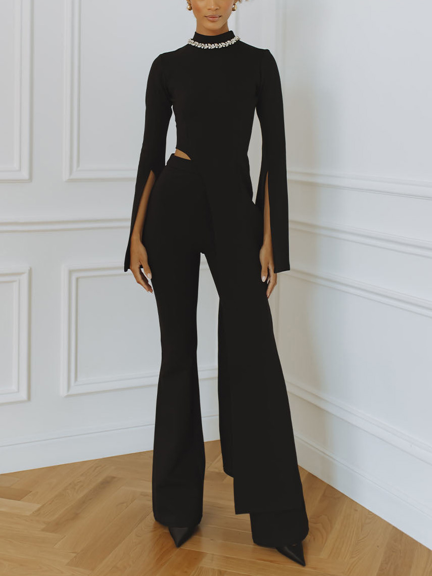 Elegant Rhinestone Color-blocked Irregular Two-piece Set