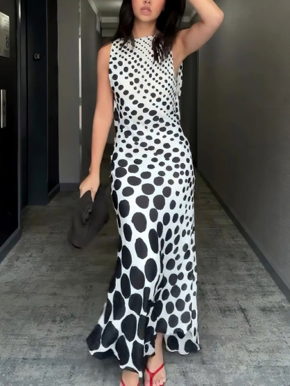 Elegant Gradient Polka Dot Print Backless Maxi Dress