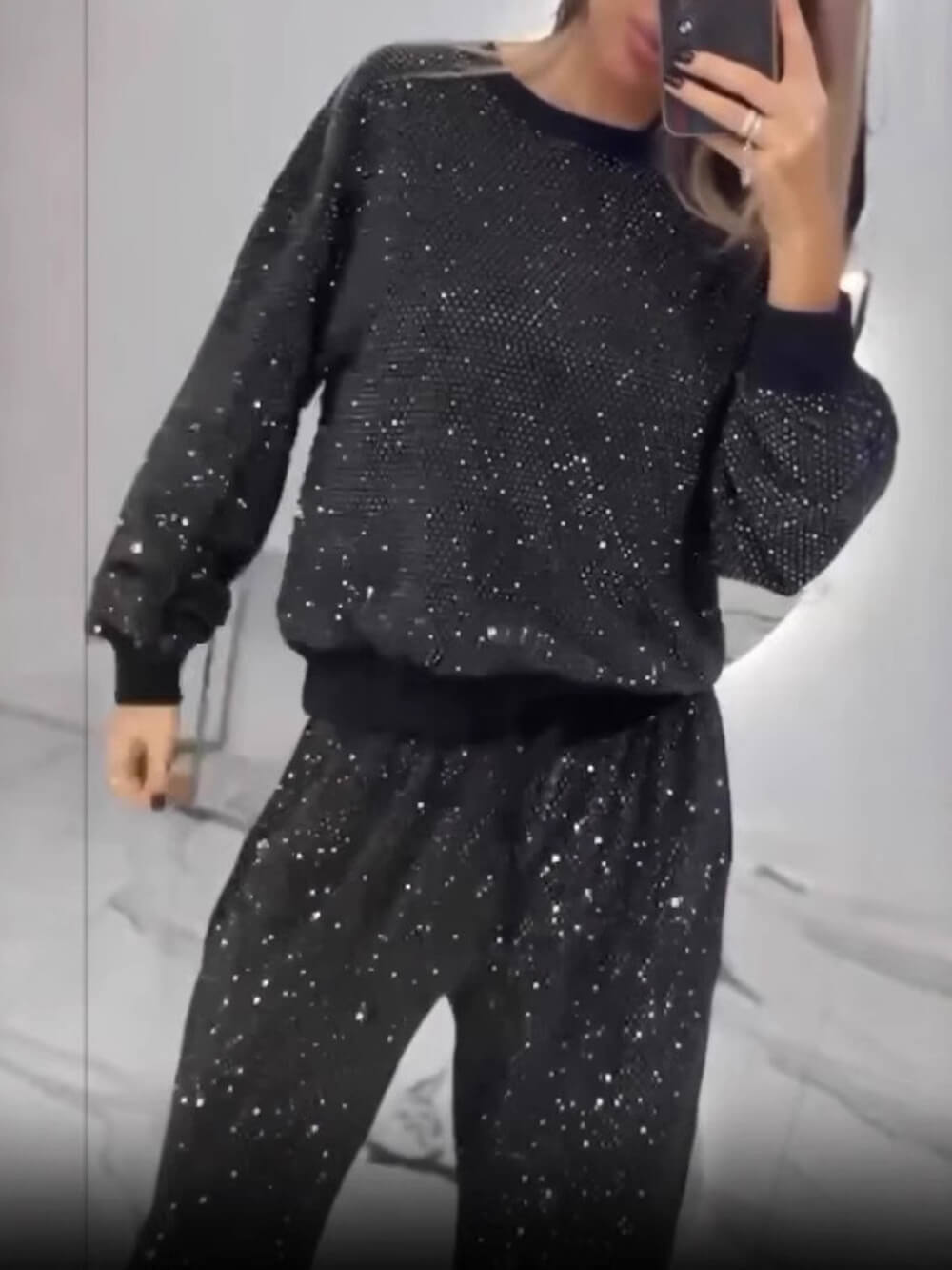 Fashion Sequin Starry Round Neck Loose Top And Drawstring Wide-Leg Pants Set
