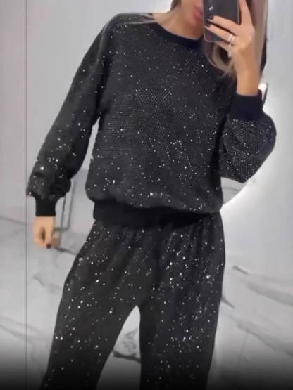 Fashion Sequin Starry Round Neck Loose Top And Drawstring Wide-Leg Pants Set