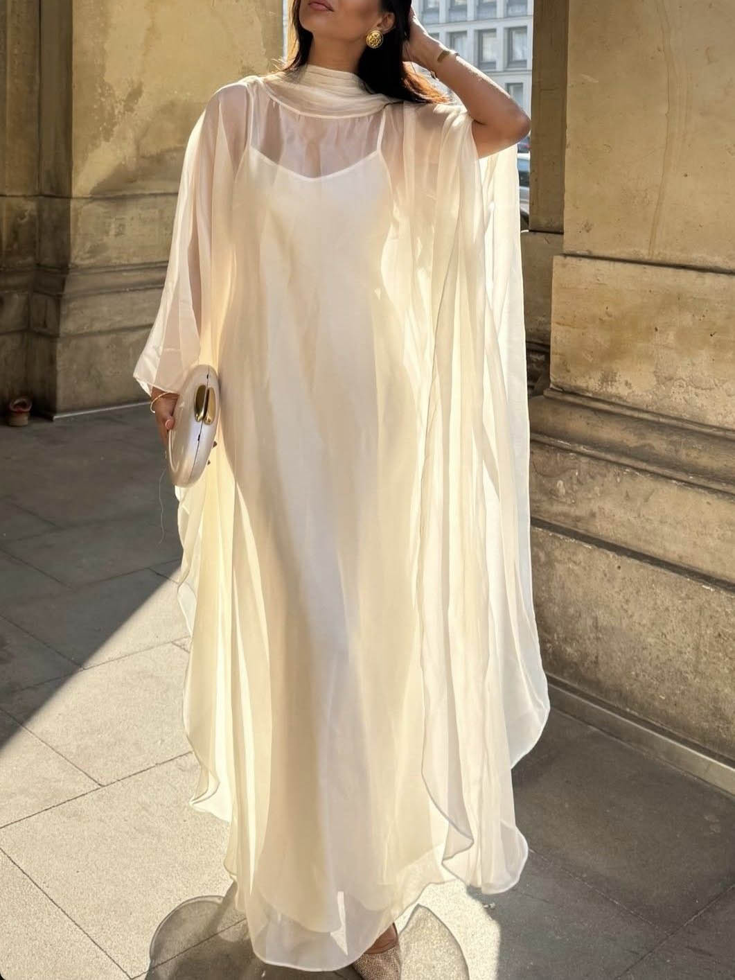 Elegant Sheer Cape Layered Maxi Dress
