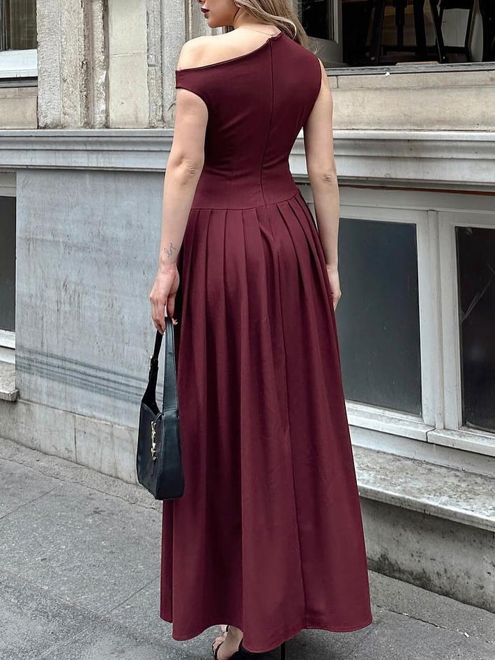 Elegant Off-shoulder Neckline Pleated Maxi Dress