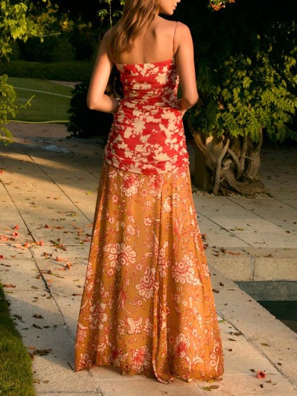 Unique Two-tone Floral Print Pleated Flowy Maxi Dress