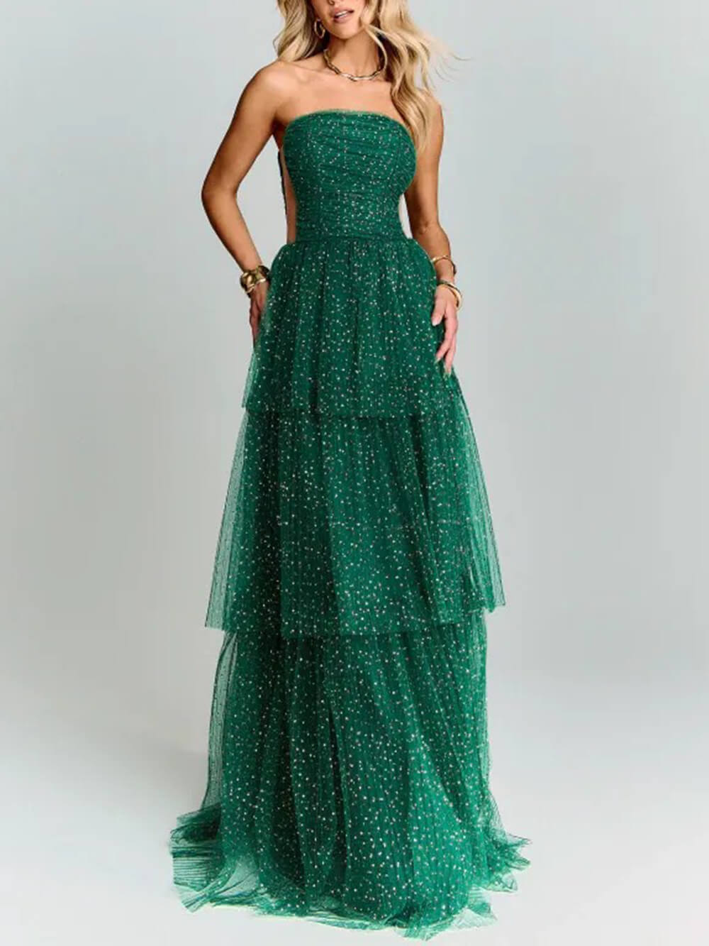 Elegant Green Polka Dot Layered Tulle Party Maxi Dress