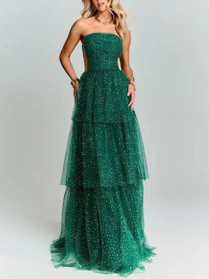 Elegant Green Polka Dot Layered Tulle Party Maxi Dress