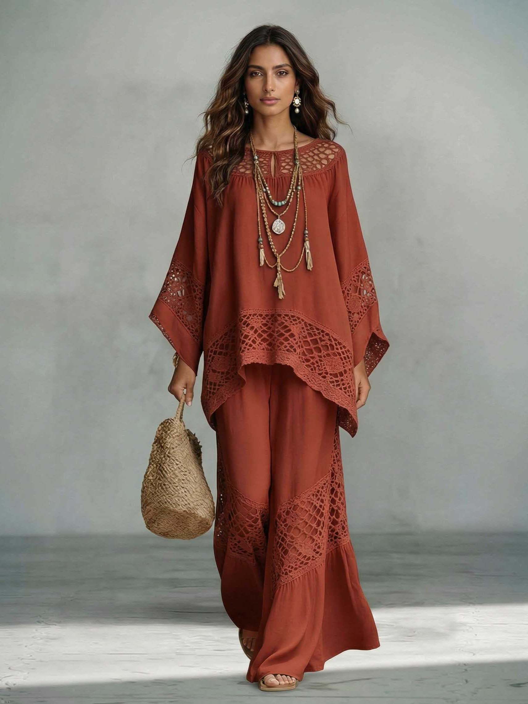 Casual Crocheted Lace Loose Kaftan Top Two-Piece Set