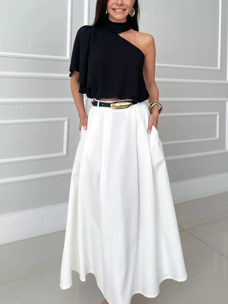 Elegant Asymmetrical Collar Shirt & Skirt Two-Piece Set