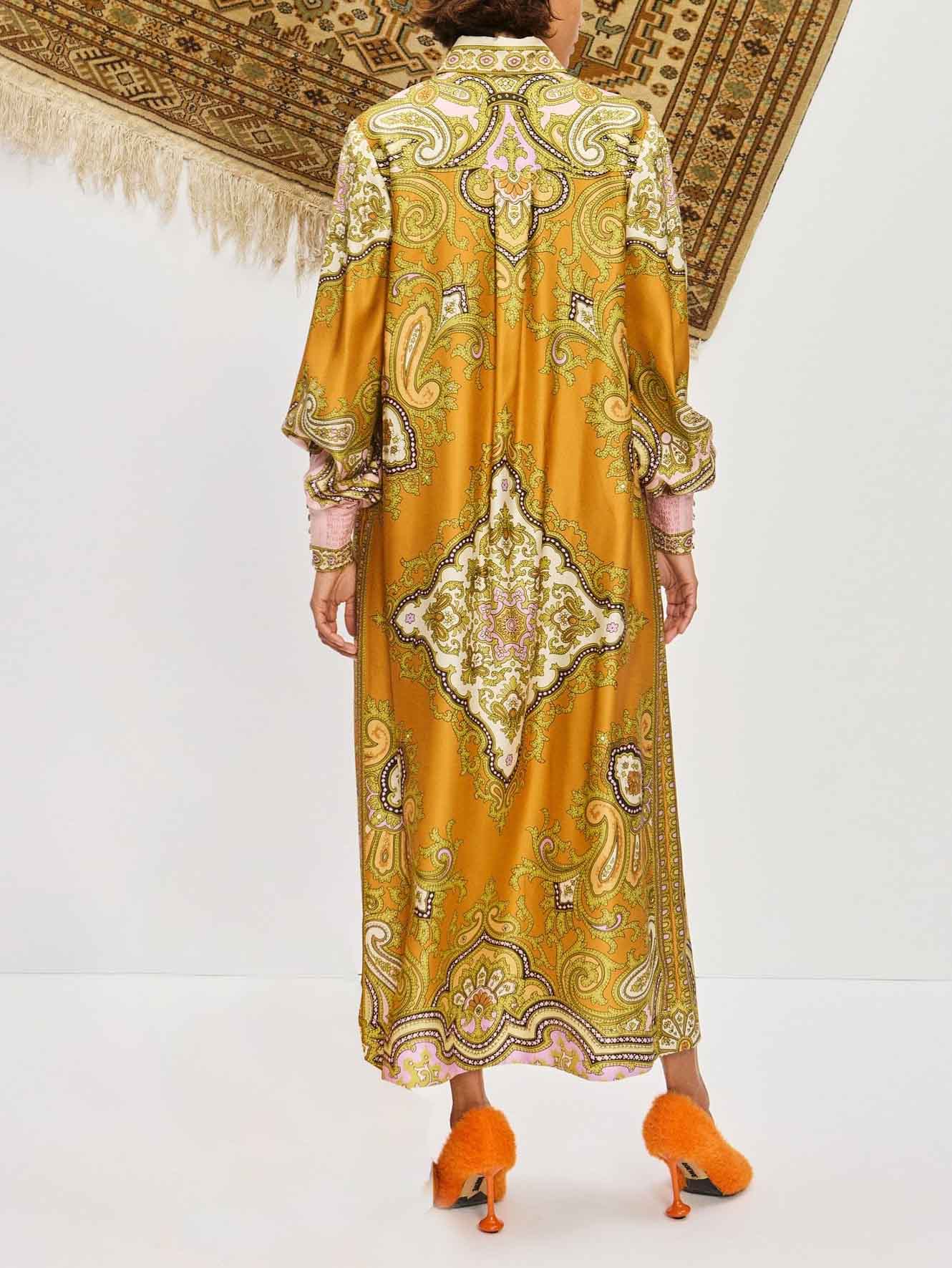 Exquisite Satin Unique Paisley Print Button Maxi Dress