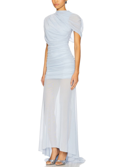 Elegant Ruched Sheer Panel Short-Sleeve Maxi Dress