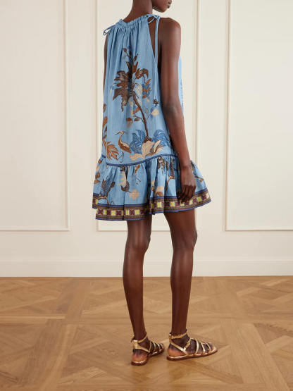 Unique Floral Print Linen Tiered Mini Dress