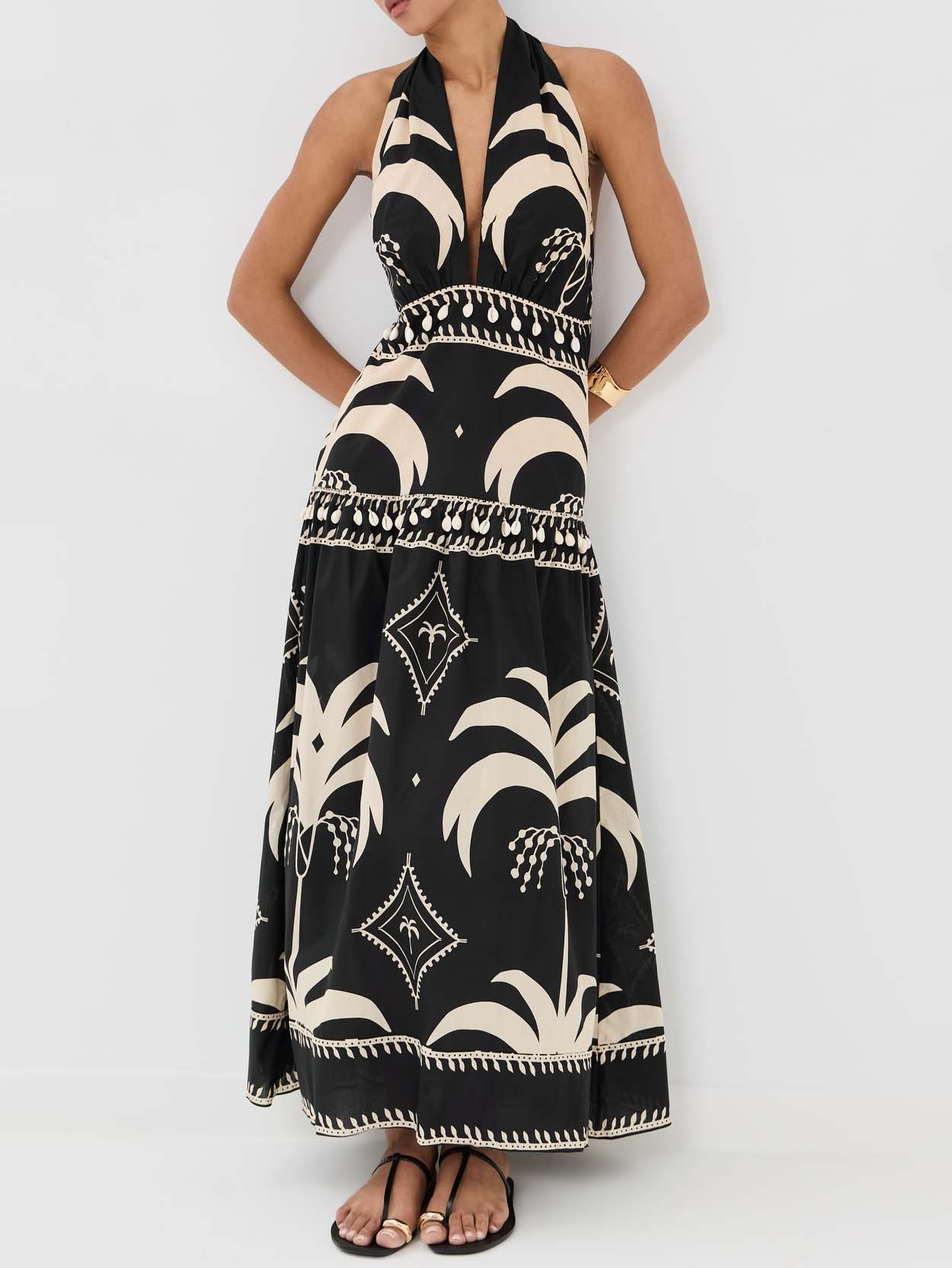 Retro Palm Leaf Print Halter Neck Maxi Dress