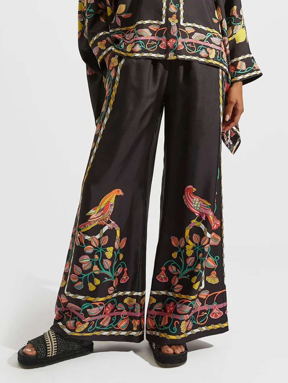 Unique Satin Draped Floral Print High-Waisted Wide-Leg Pants