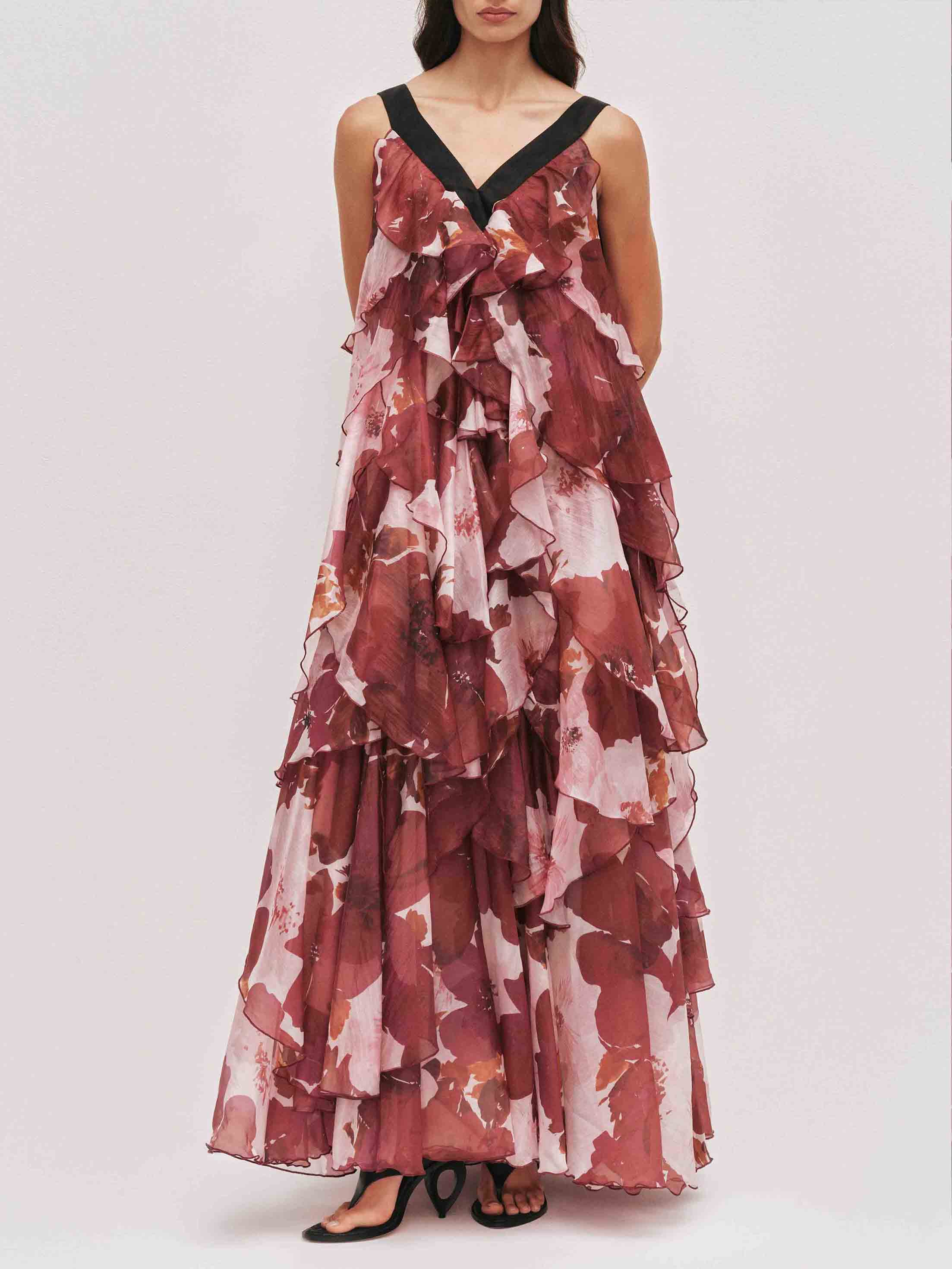 Exquisite Layered Floral Print Ruffled Maxi Dress