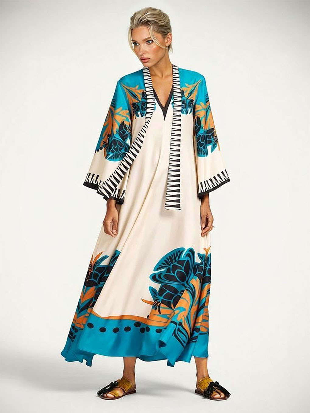 Exquisite Satin Vintage Floral Print Flowing Maxi Dress