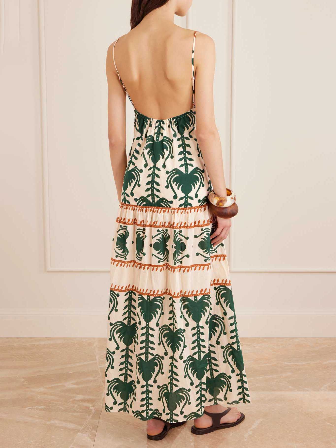 Casual Palm Tree Print V-Neck Tiered Maxi Dress