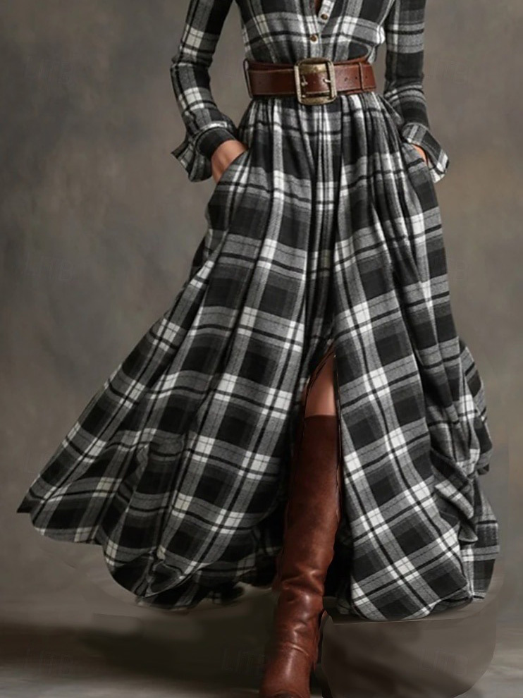Retro Ethnic Style Plaid Maxi Dress