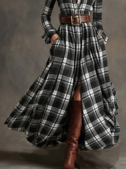 Retro Ethnic Style Plaid Maxi Dress