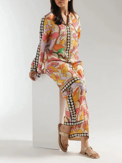 Bohemian Ethnic Print Colorblock Wide-Leg Pants