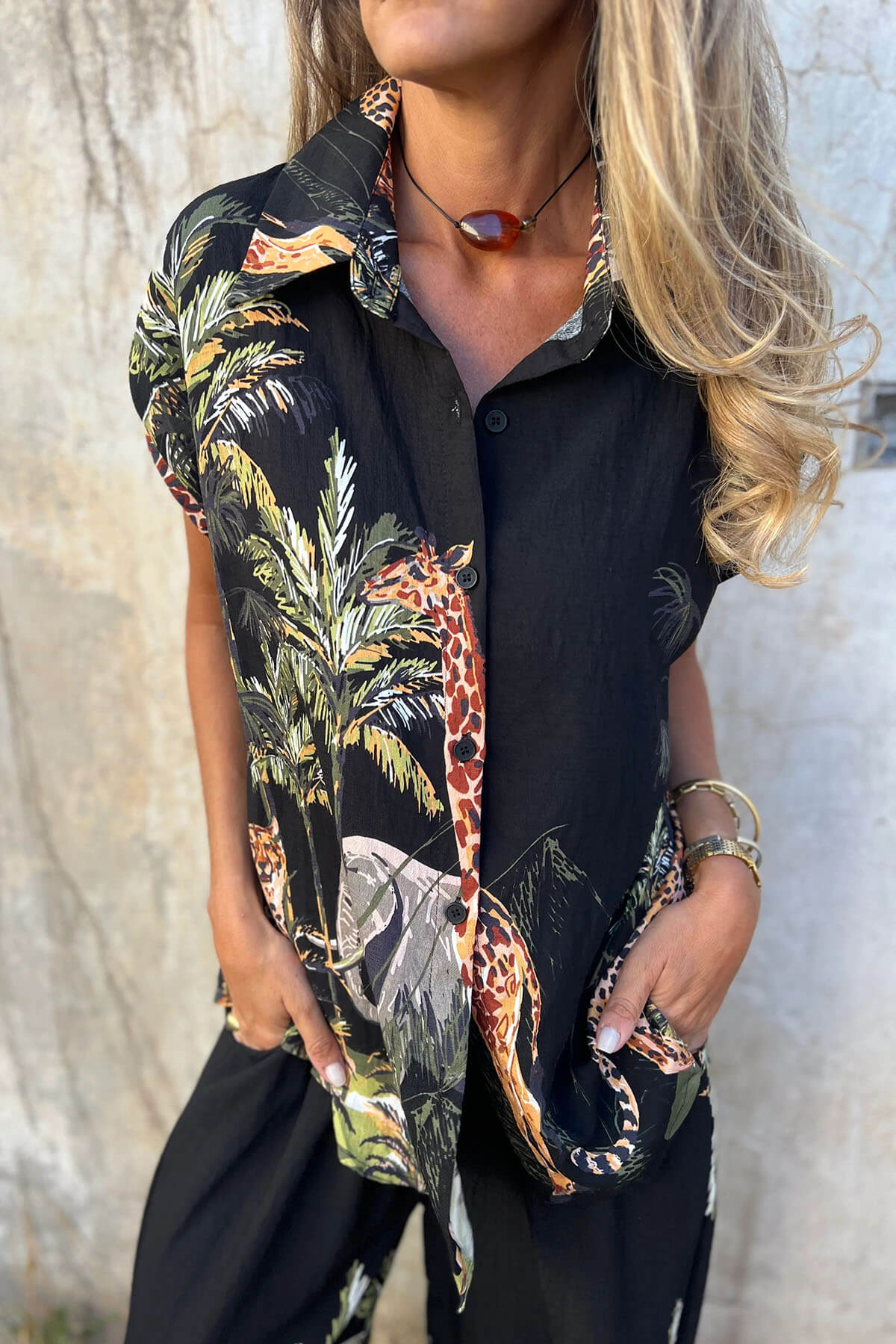 Unique Jungle Print Loose Button-Down Shirt