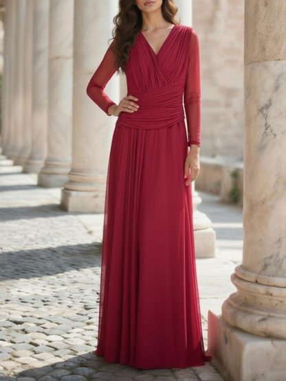 Elegant Long-sleeved Mesh Pleated Maxi Dress