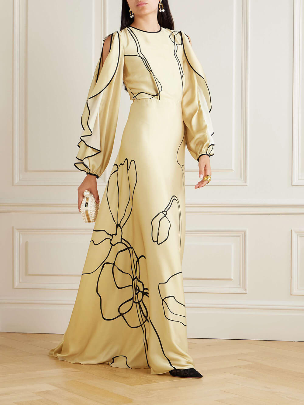 Delicate Ruffled Cutout Floral Print Satin Maxi Dress