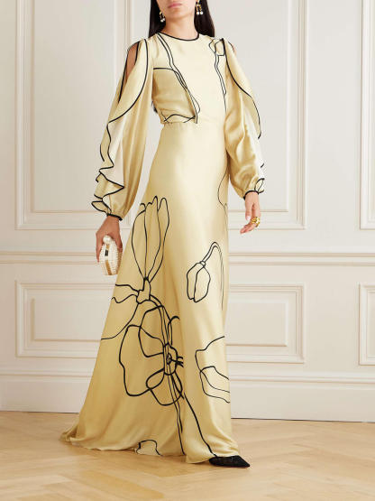 Delicate Ruffled Cutout Floral Print Satin Maxi Dress