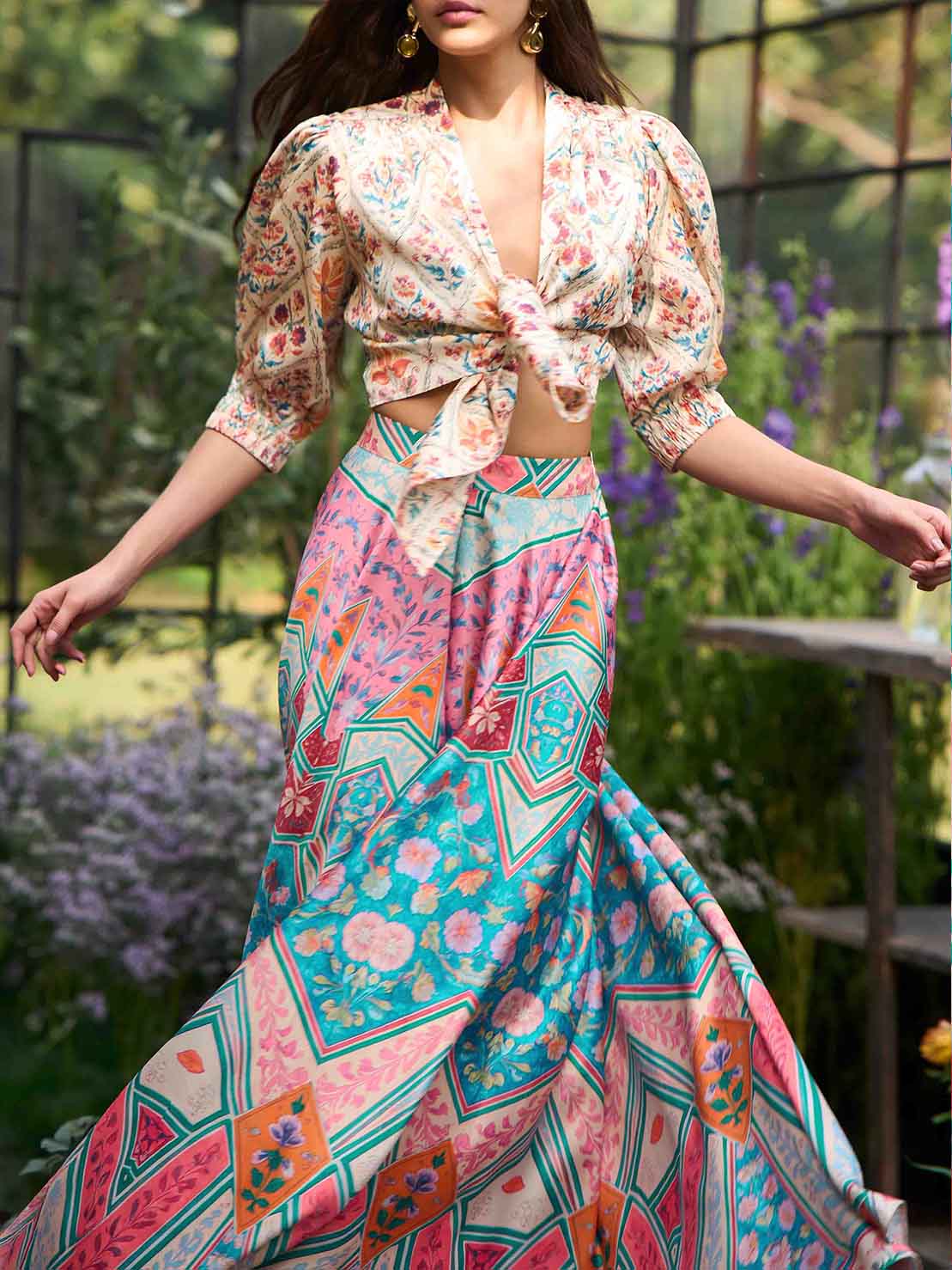 Bohemian Geometric Print Tie-Front Top & Skirt Two-Piece Set