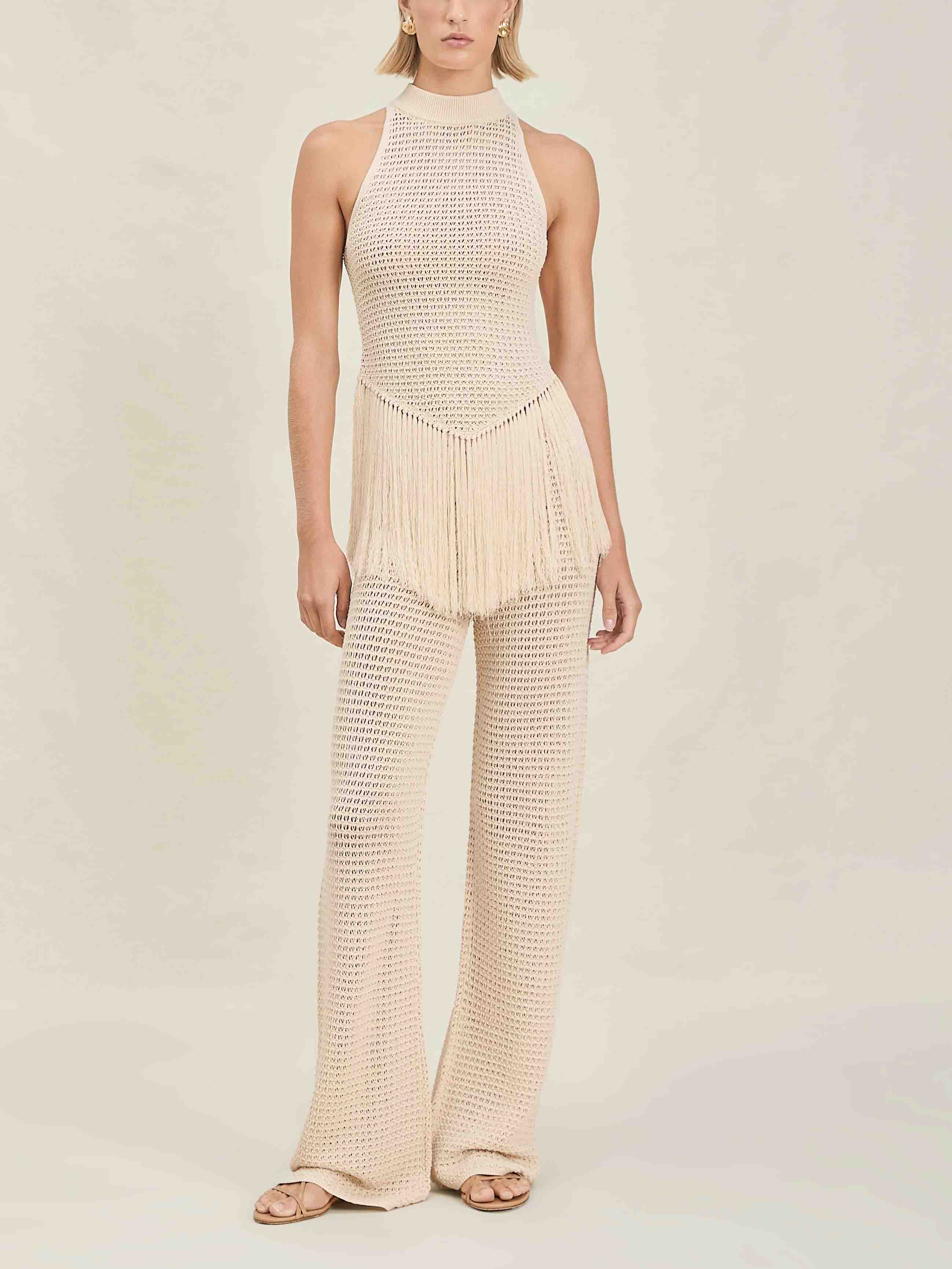 Exquisite Stand Collar Knitted Fringe Top