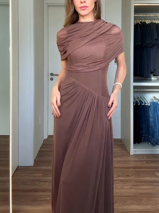 Elegant Asymmetrical Pleated Mesh Short-sleeved Maxi Dress