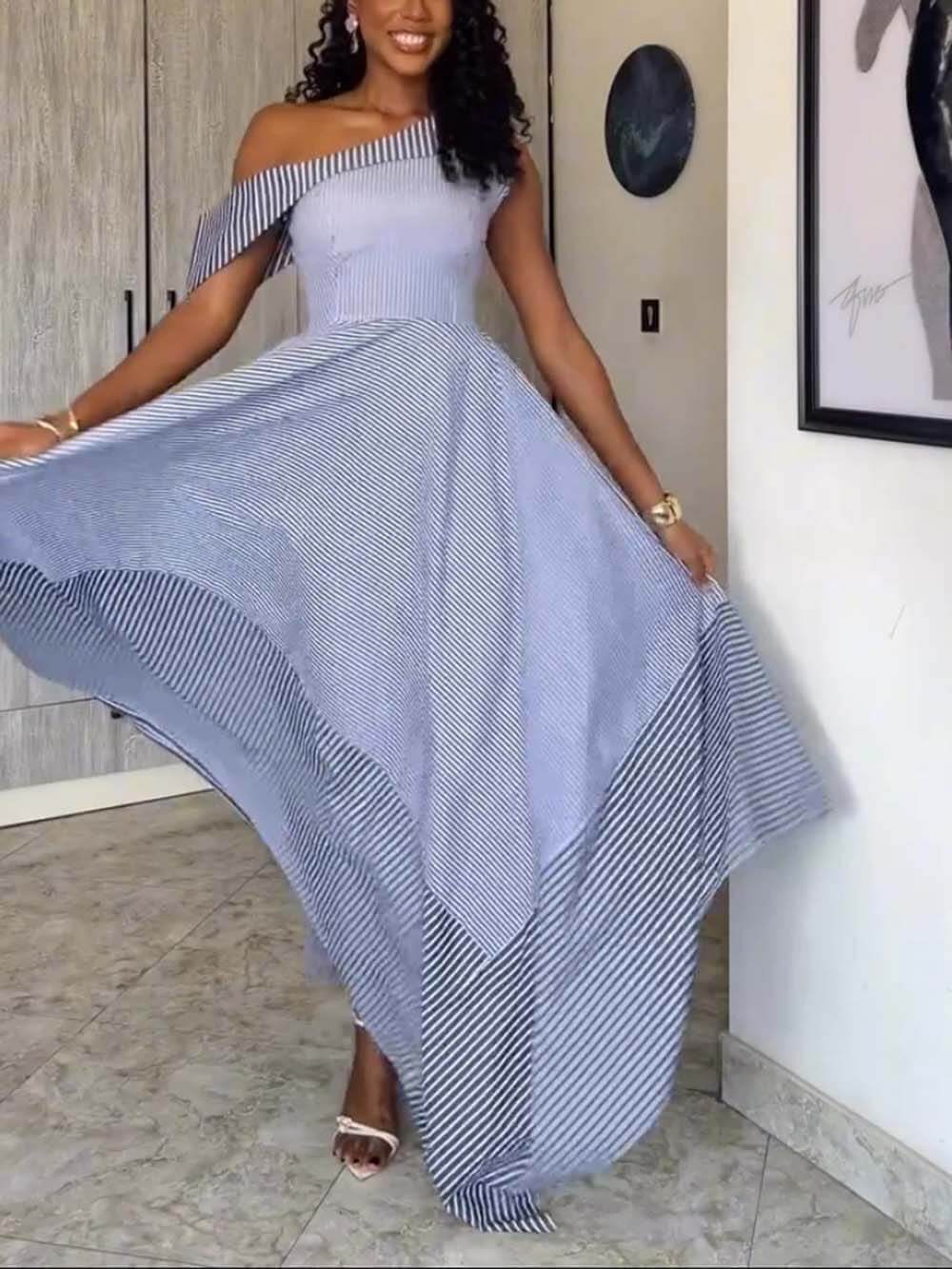 Classic Stripe Print One-Shoulder Asymmetrical Maxi Dress