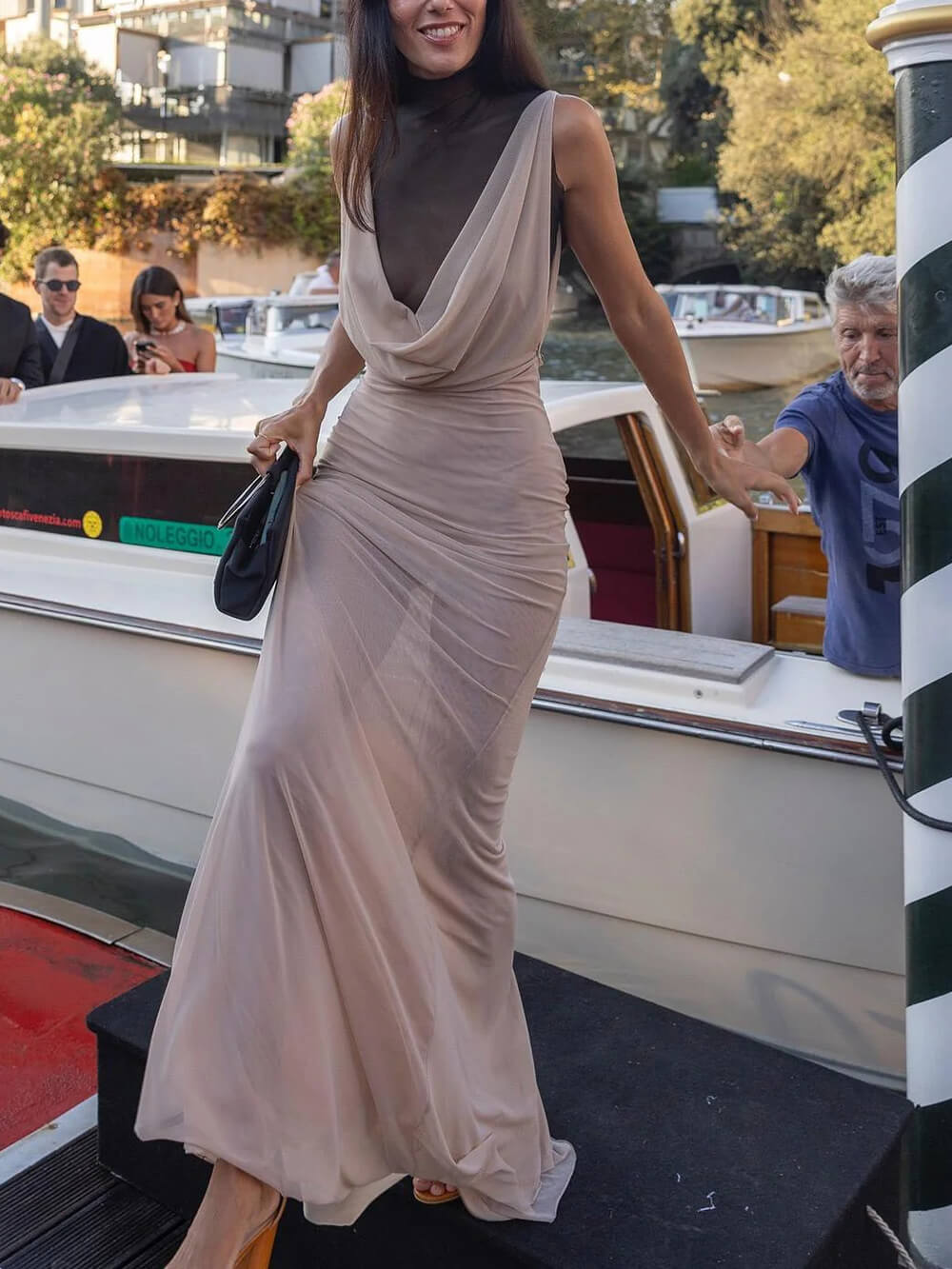 Elegant Sheer Drape-Neck Ruched Front Maxi Dress