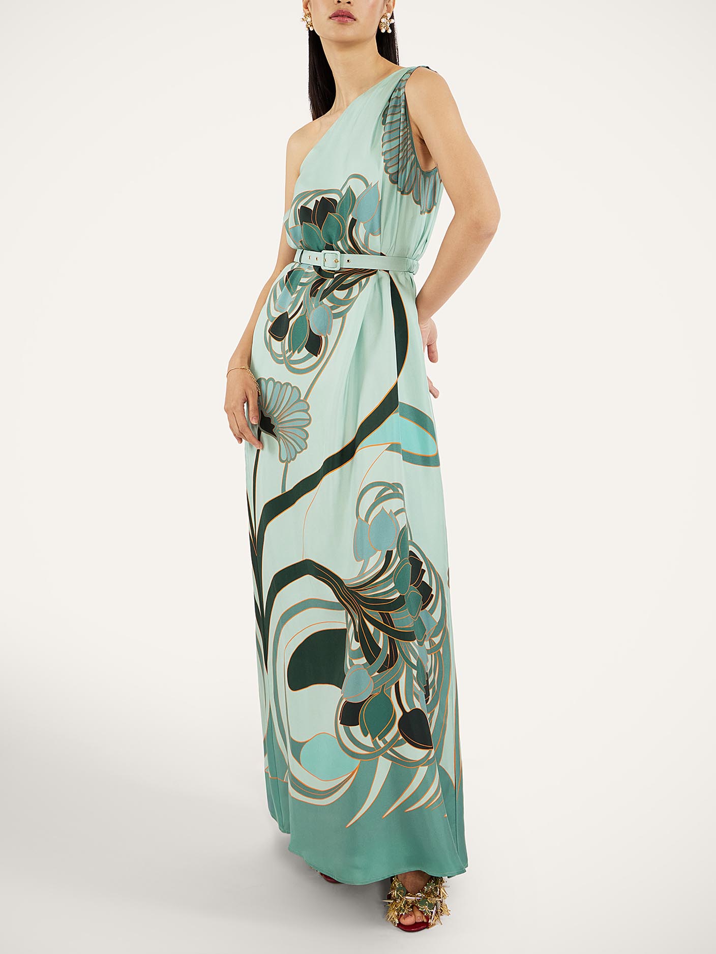 Unique Artistic New Style Printed One-Shoulder Neck Maxi Dress