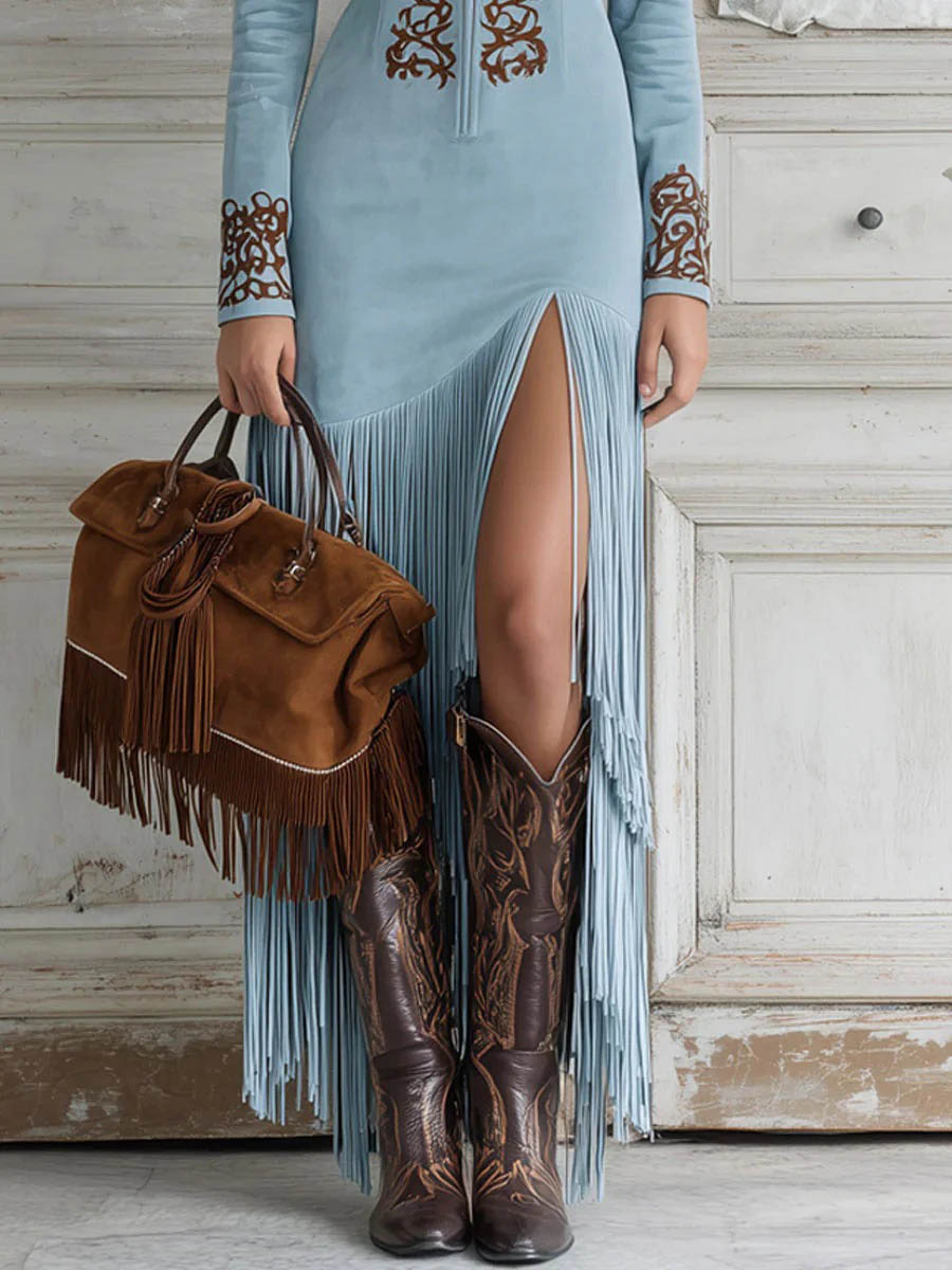 Vintage Western Half-Zip Suede Fringe Dress