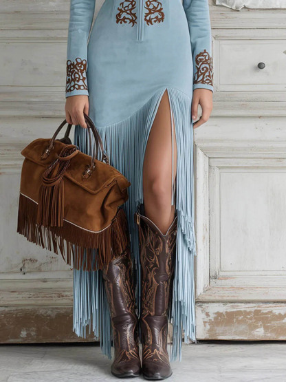 Vintage Western Half-Zip Suede Fringe Dress