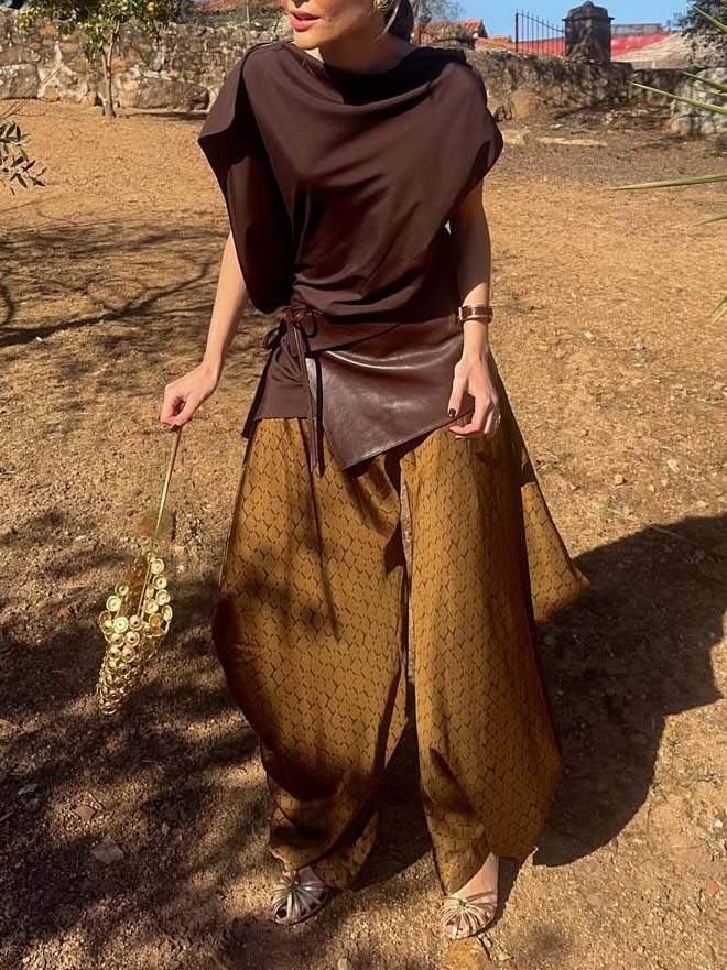 Elegant Asymmetrical Drape Top & Printed Wide-Leg Pants Two-Piece Set