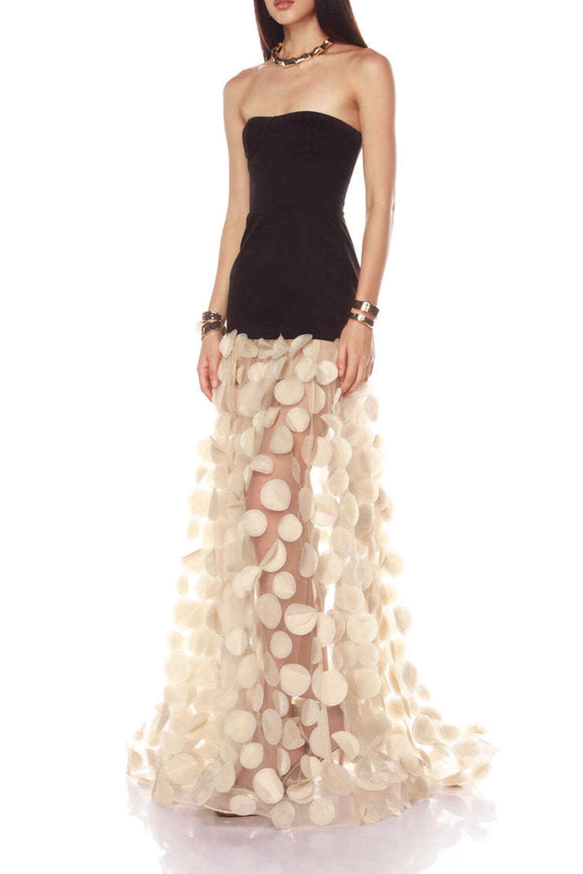 Elegant Strapless Top with Patchwork Polka Dot Mesh Maxi Dress