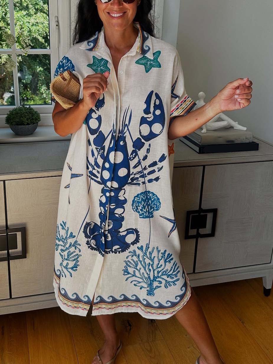 Unique Lobster Ocean Print Shirt Midi Dress
