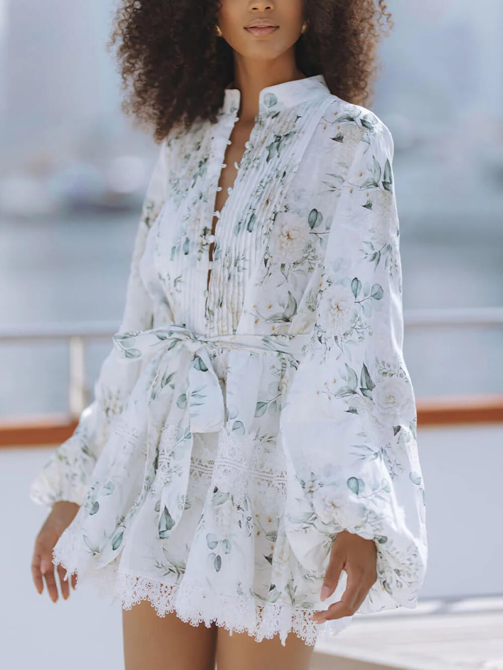 Elegant Floral Print Lace Trim Linen Mini Dress