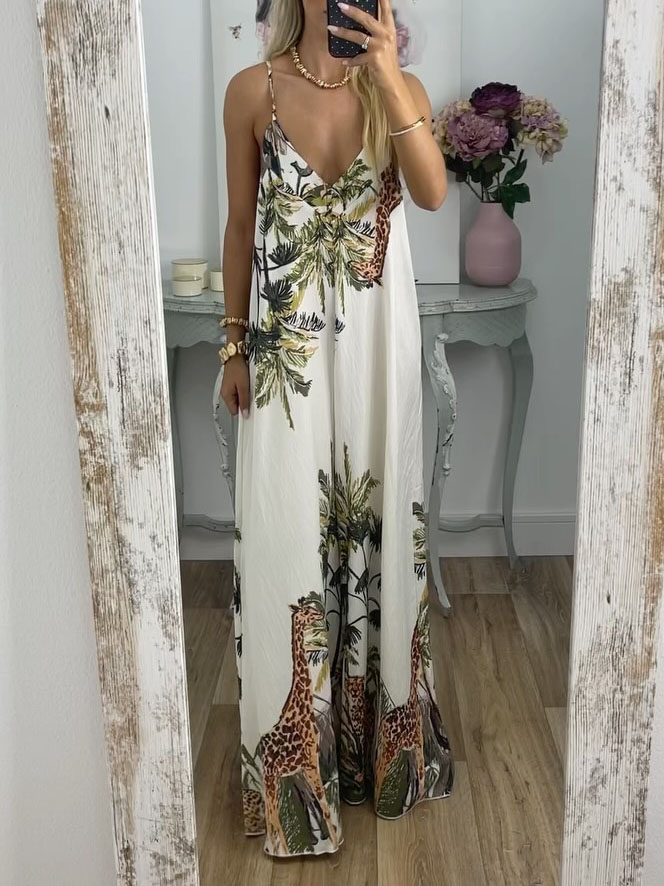 Tropical Giraffe Palm Tree Print Sleeveless High-Waist Jumpsuit