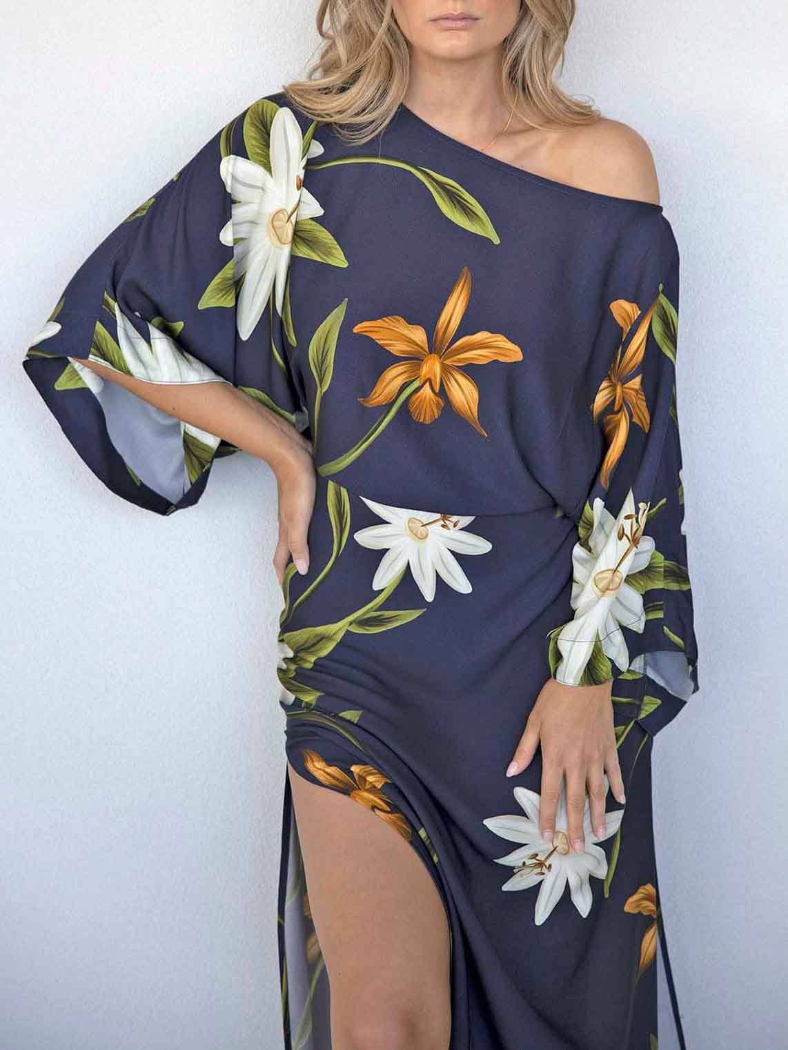 Elegant Floral Print One-Shoulder Tie-Waist Slit Midi Dress