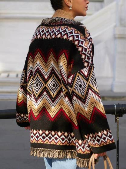 Retro Ethnic Print Fringe Panel Loose Cardigan