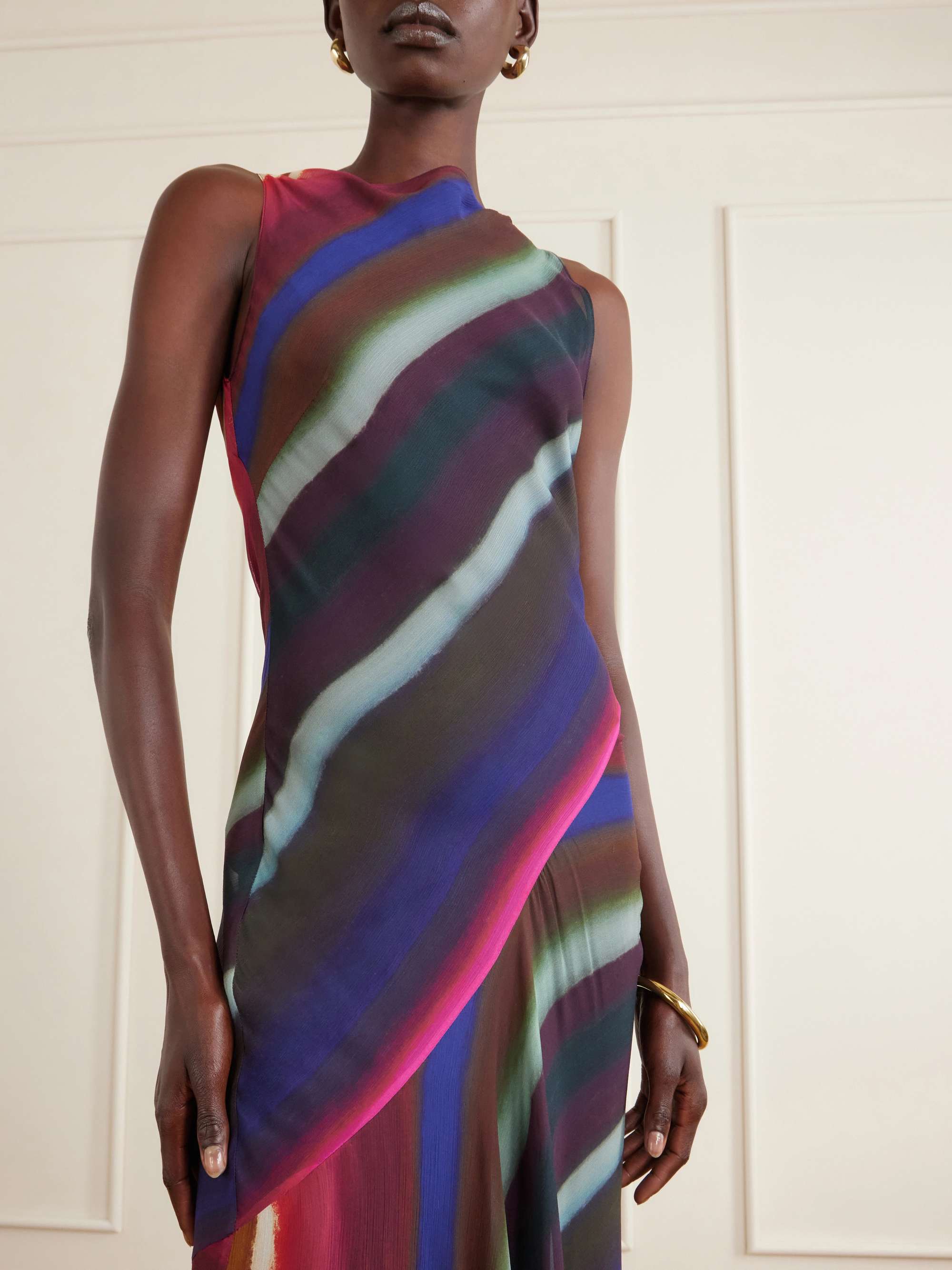Elegant Diagonal Stripe Print Asymmetrical Flowy Maxi Dress