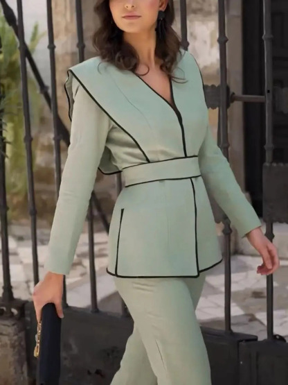 Casual Long-sleeved Black Piping V-neck Shirt