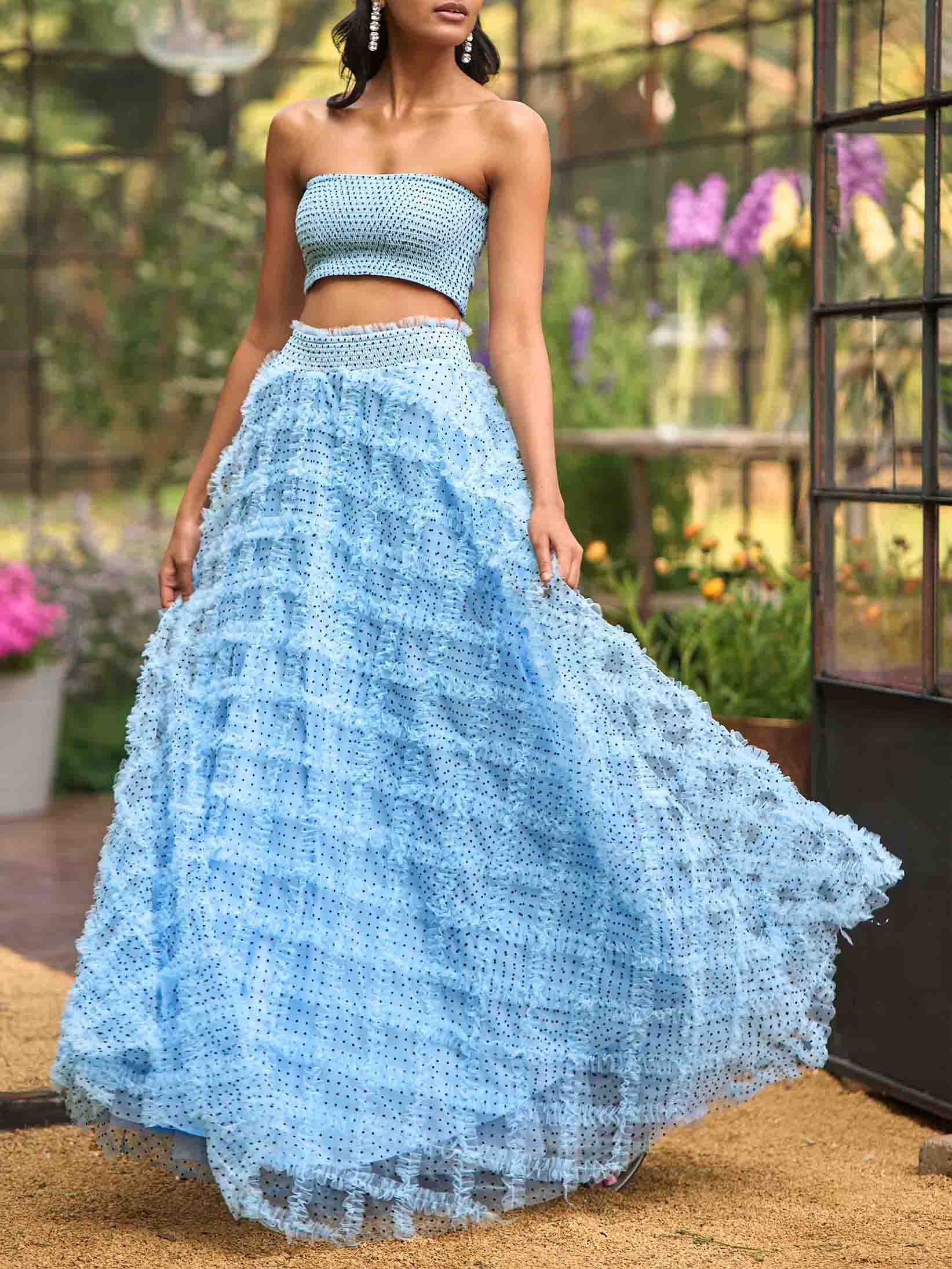 Elegant Polka Dot Sheer Tulle Off-Shoulder Bandeau Top & Puff Skirt Set