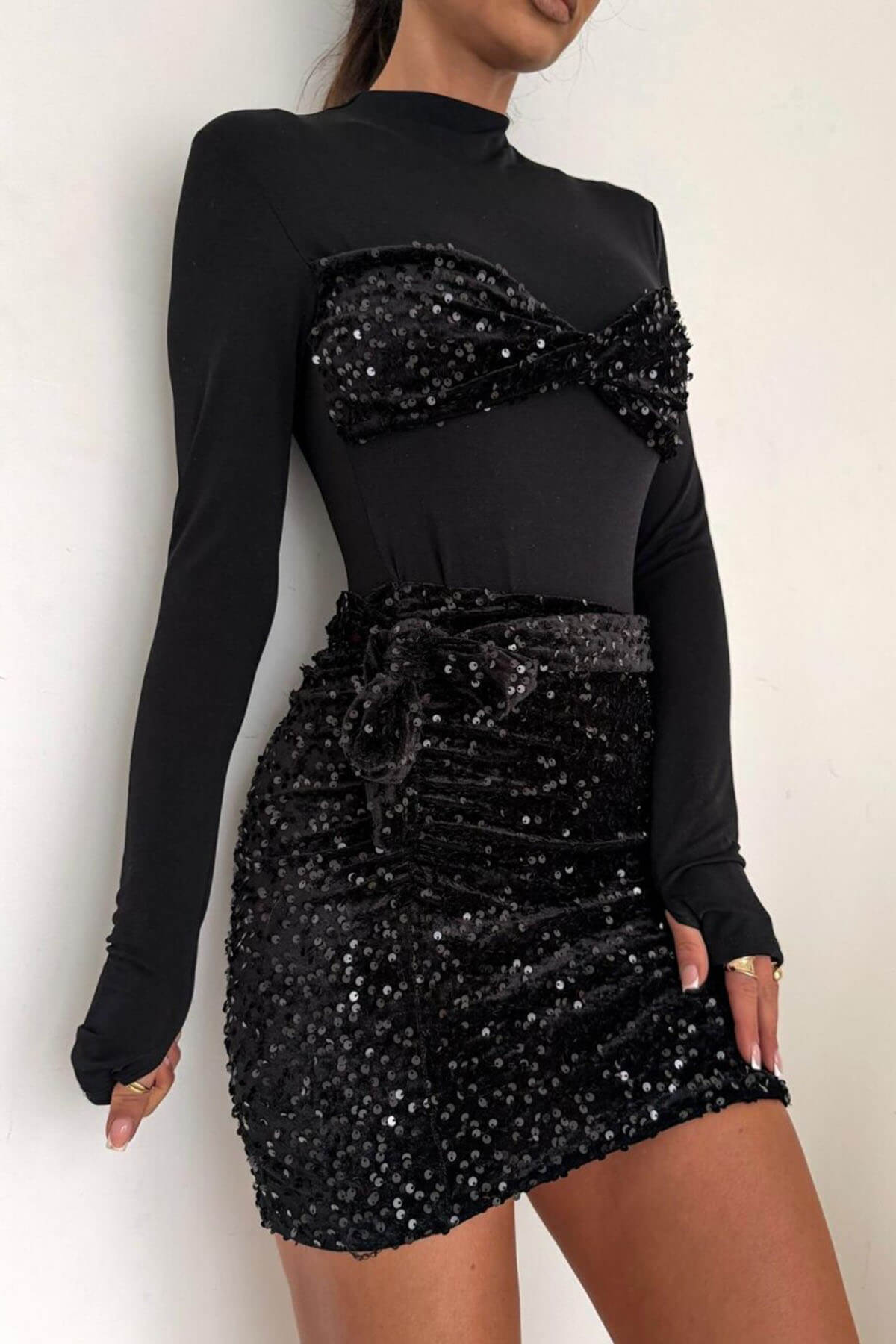 Delicate Sequin Panel Waist-Cut Mini Dress