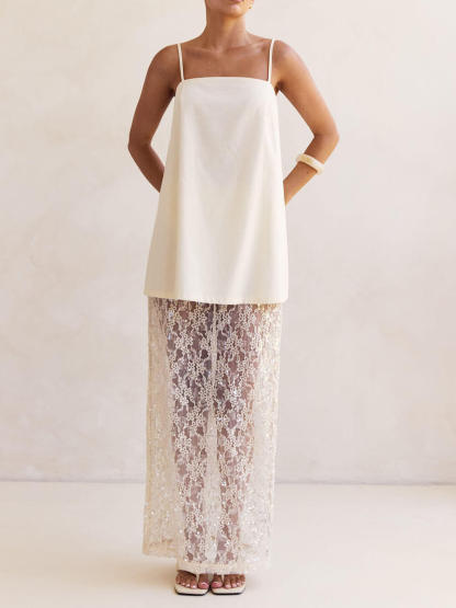 Elegant Sheer Sequin Lace High-Waist Maxi Skirt