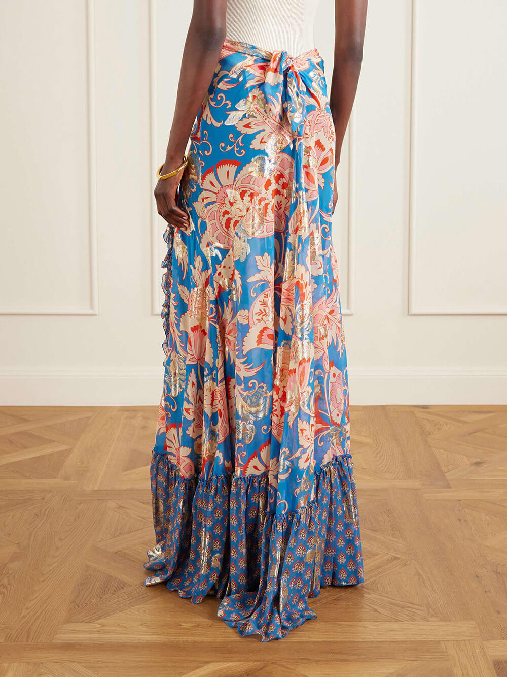 Retro Floral Print Ruffle Slit Maxi Skirt