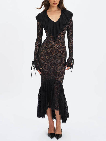 Exquisite Black Lace Ruffle Mermaid Maxi Dress