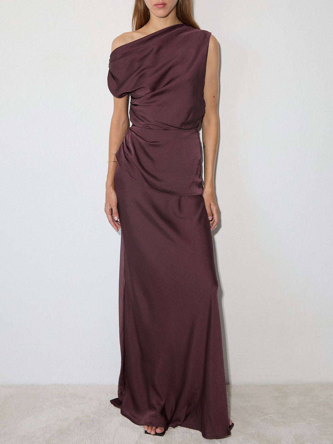 Elegant Asymmetrical Drape Satin Top & Maxi Skirt Two-Piece Set